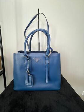 Prada Saffiano Cuir Medium Double Tote Bluette Blue Strap Tag Entrupy